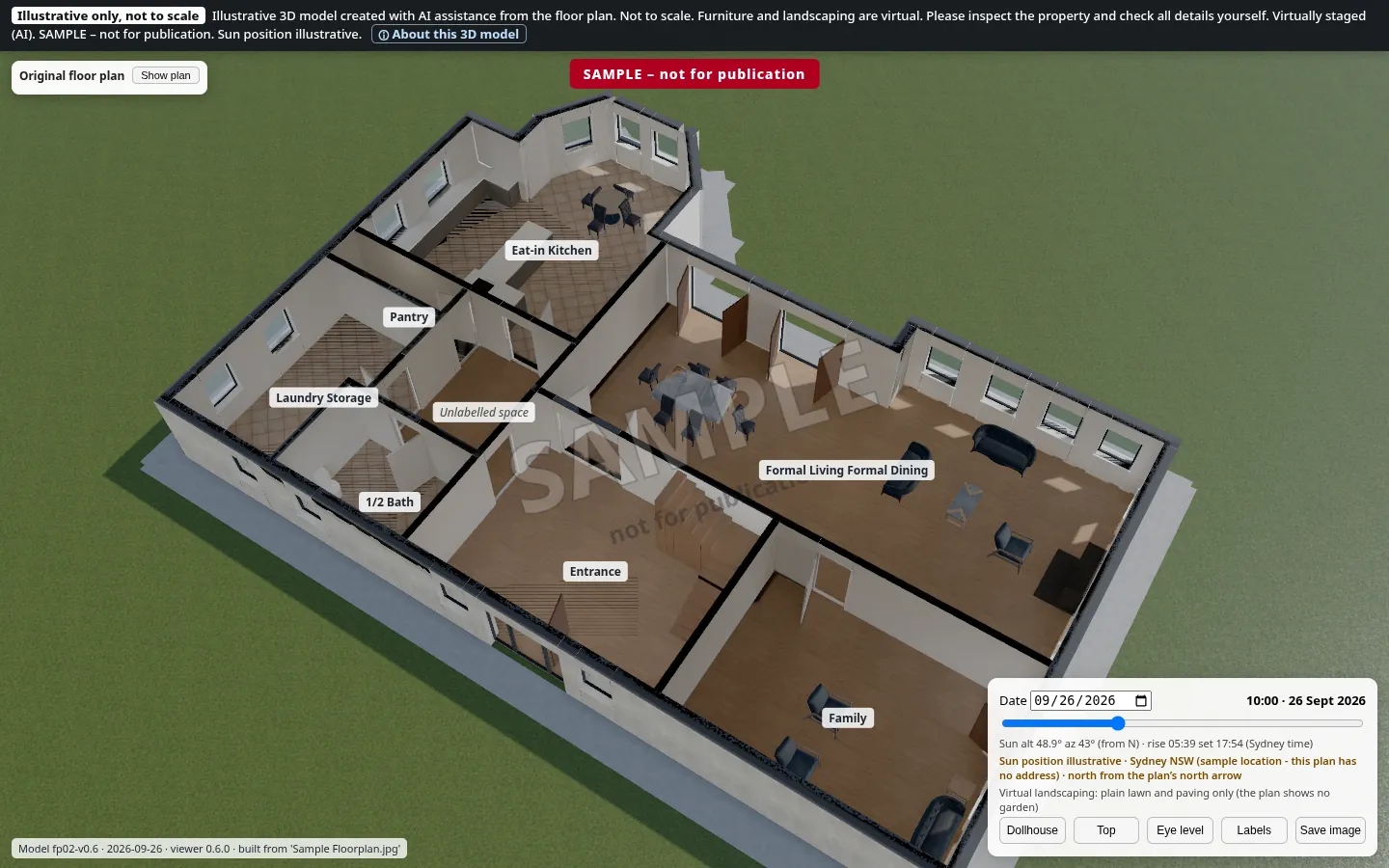 Still render of the demo home in 3D: an L-shaped ground floor with kitchen, living and dining, family room, entrance with stair, pantry, laundry and half bath.