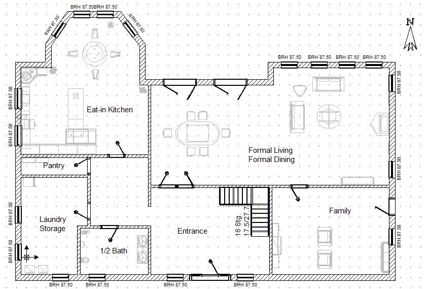 The flat 2D floor plan used for the demo: eat-in kitchen, formal living and dining, family room, entrance with stair, pantry, laundry and half bath.