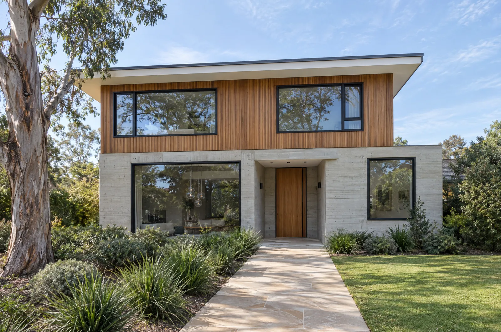 AI-generated example of a contemporary two-storey house in the daytime: off-form concrete ground floor, spotted gum cladding above, a sandstone path and native grasses.