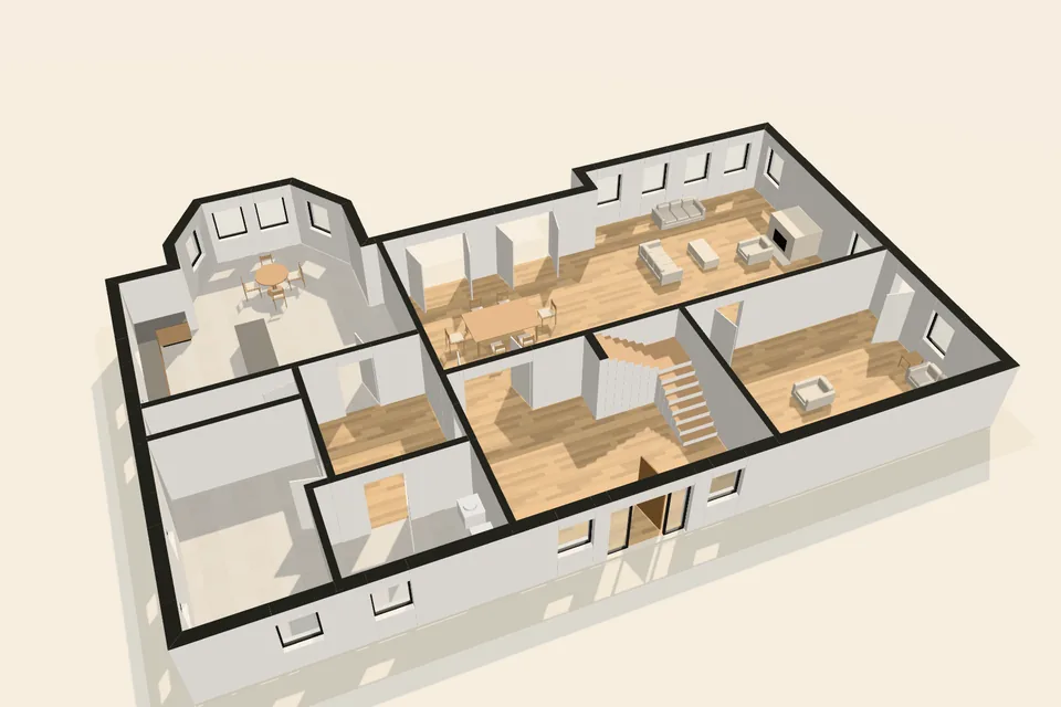 The same plan built in 3D from above at an angle, with walls, doors, windows, floor finishes and minimal furniture.