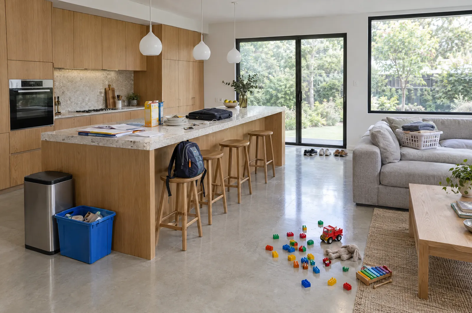 AI-generated example of a lived-in kitchen and family room: papers, cereal boxes and a laptop bag on the island, bins at its end, toys on the floor, a basket on the sofa and shoes by the door.